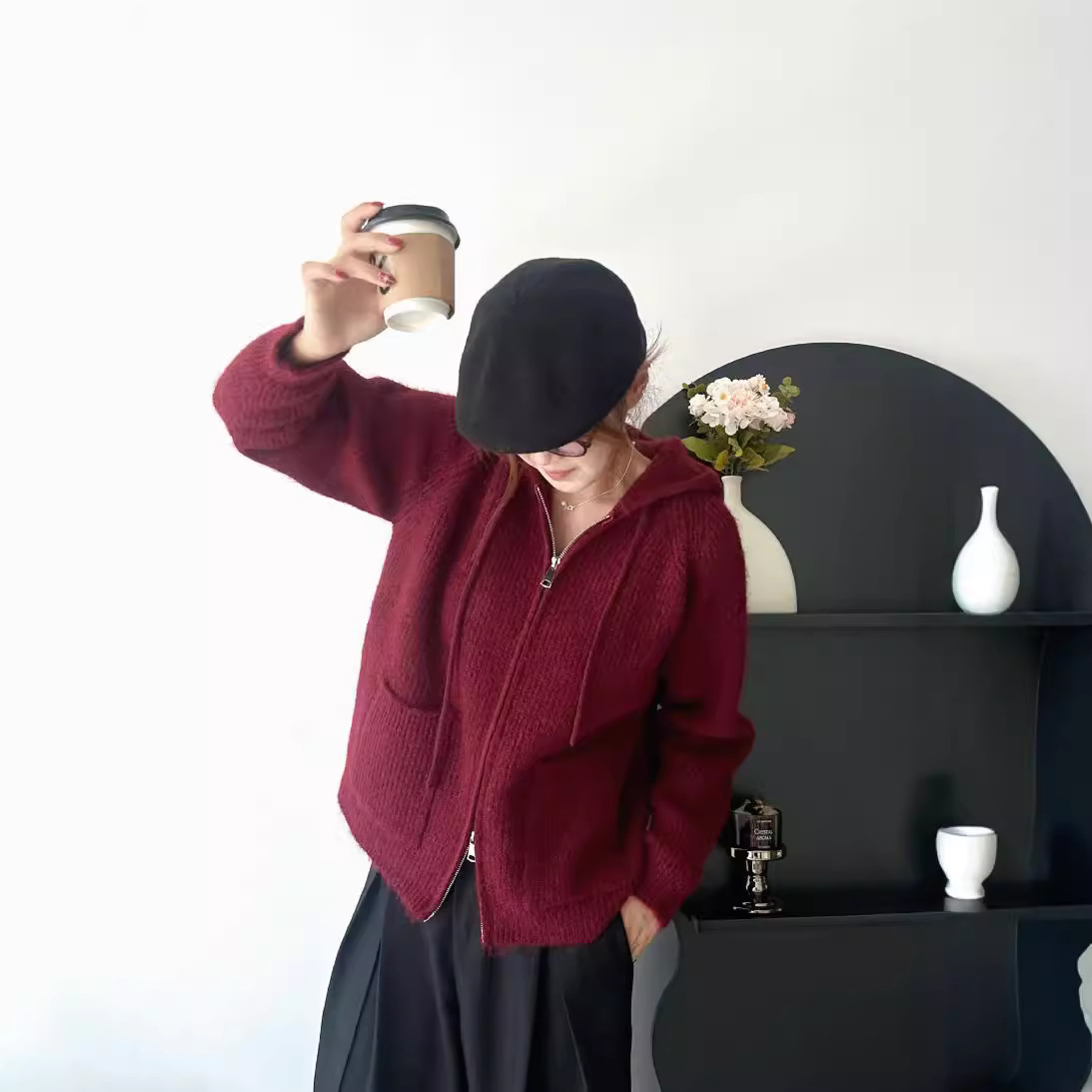 24 invierno Puyuan otoño y invierno nuevo estilo femenino coreano suelto de moda simple cardigan de lana universal