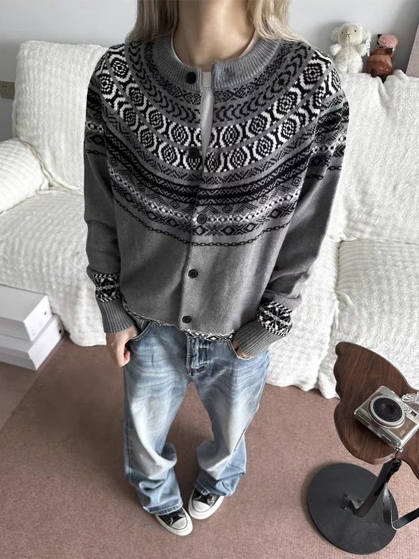 费尔岛提花长袖针织开衫男秋季慵懒风复古毛衣外穿高级感情侣外套|undefined