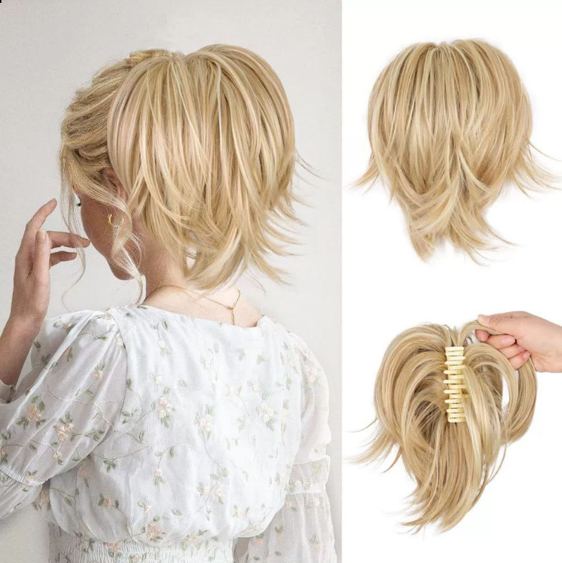European and American Style Women's Ponytail Claw Clip Straight Bun Short Messy Fluffy Bun Hairpiece High-Temperature Silk Ponytail in Stock