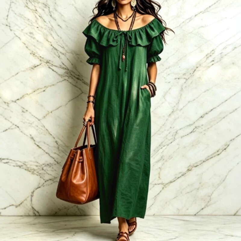 2026 European and American cross-border Amazon spring/summer new collection: bohemian-style women's short-sleeved casual dress with a ruffled collar