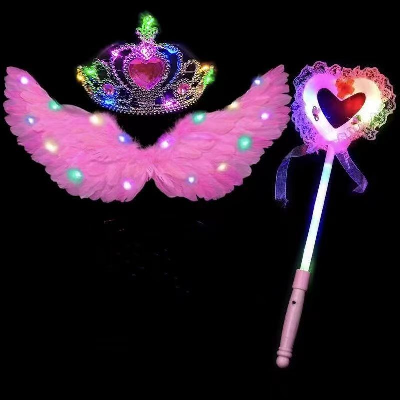 Alas de plumas luminosas Rosa + Corona de luz + palo de encaje