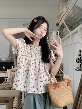 新款韩系甜美减龄刺绣雪纺衫碎花小上衣女款夏季法式短袖娃娃衬衫
