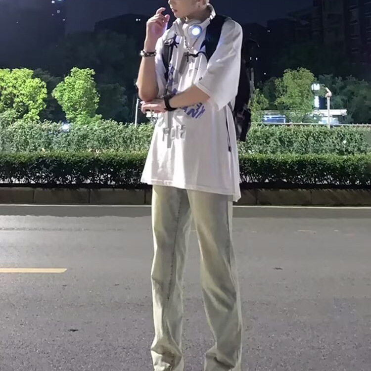 Pantalones vaqueros viejos lavados de la calle americana de moda Primavera y otoño para hombres Pantalones largos de estilo vibe de la calle alta de tendencia suelta recta