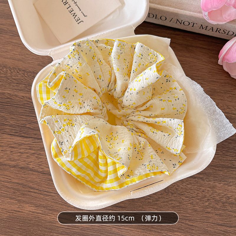 노란색과 흰색 작은 꽃무늬 AB 격자 무늬 더블 레이어 약 15cm 대장 머리끈_고품질 머리끈