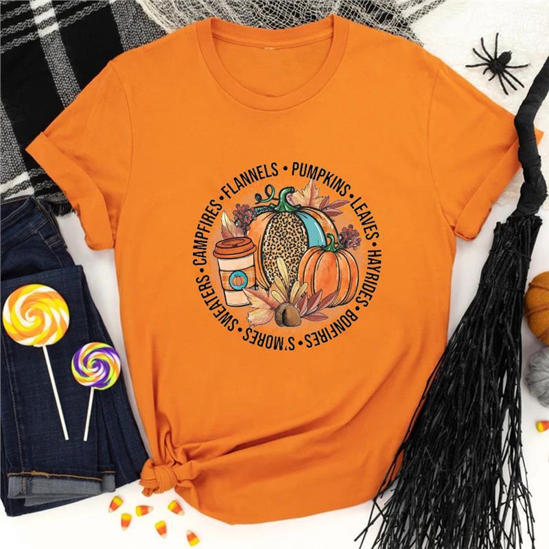 Independent station Amazon Halloween foreign trade women's T-shirt Thanksgiving pumpkin printing short sleeve wholesale