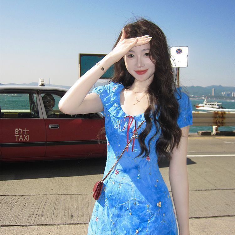 Naivzed【天空之镜】荷叶边连衣裙女夏气质温柔收腰显瘦短袖裙子|undefined