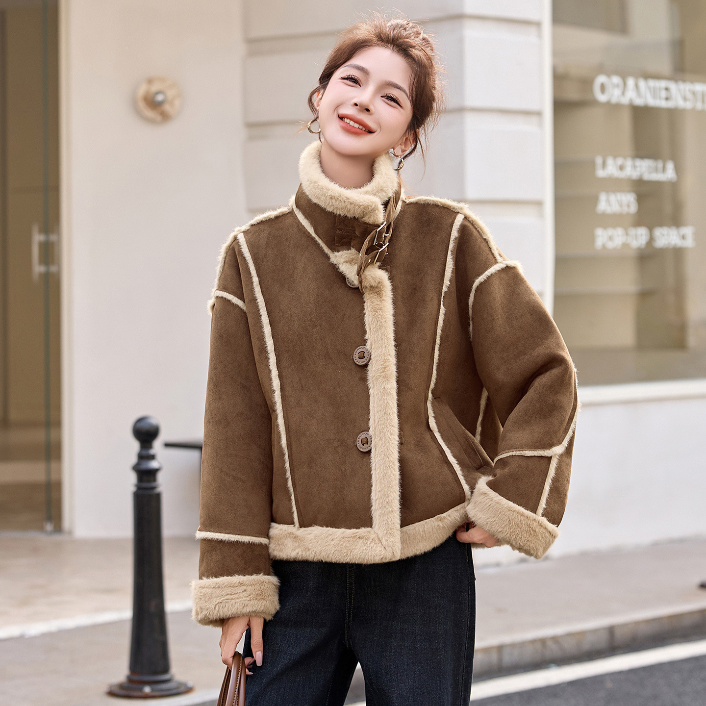 European-Style Thickened Faux Mink Fur Short Coat for Women, Winter New Petite Suede Biker Jacket
