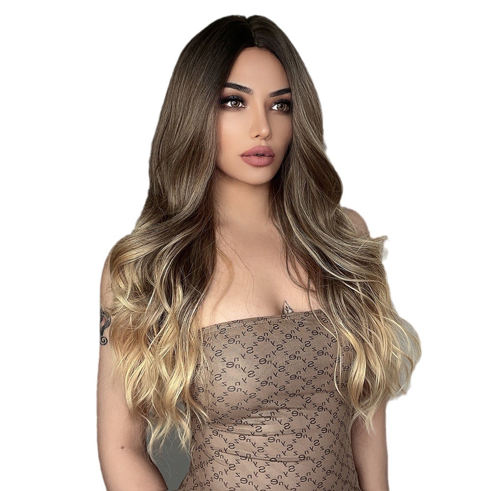 Peluca europea y americana de las mujeres Mediados de longitud larga Pelo Rizado cubierta completa cabeza de seda de alta temperatura luz y suave multicolor peluca natural cubierta completa de la cabeza