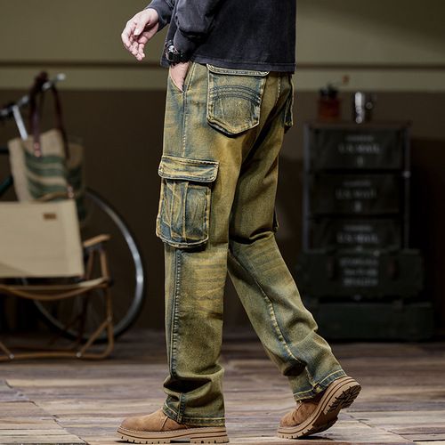 [Male 138] Exclusive Yellow Clay Color Multi-Pocket Workwear Jeans for Men Loose Straight Leg Durable Elastic