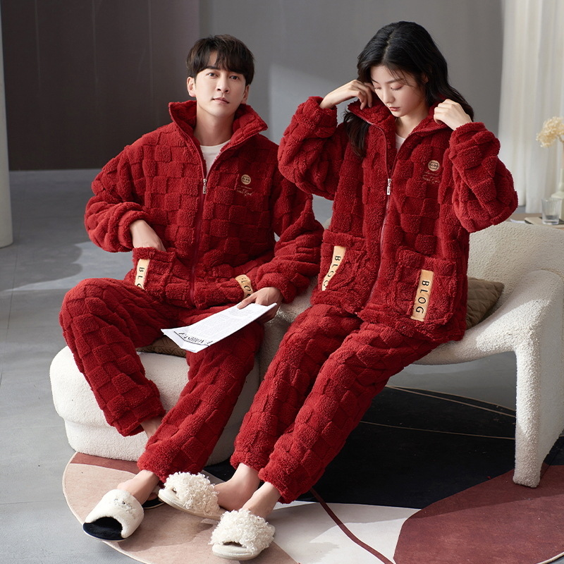 Pijamas de pareja de invierno de las mujeres de coral de lana collar de pie estilo deportivo ligero se puede usar fuera de forro polar engrosada homewear traje de manga larga