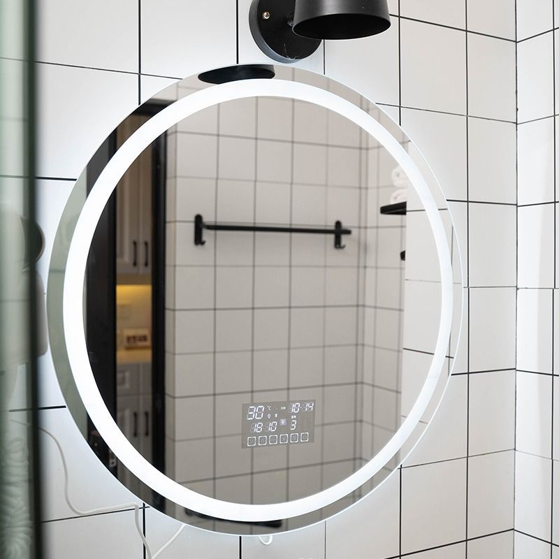 Espejo Redondo Inteligente de Baño de Vidrio con Luz LED, Pantalla Táctil y Desempañador
