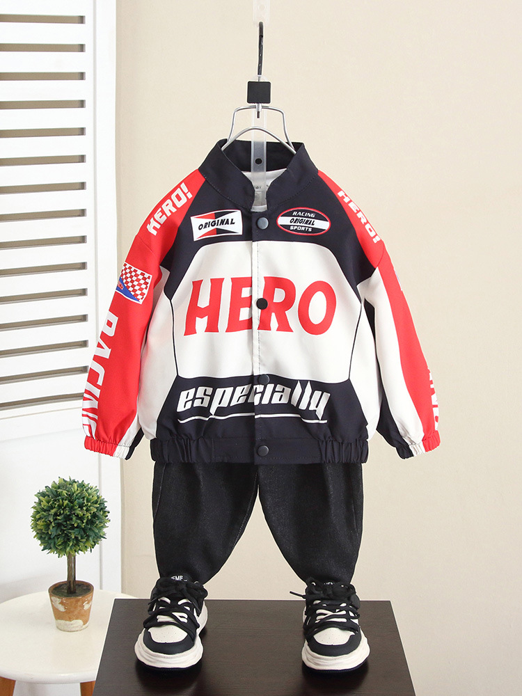 5956 Chaqueta de traje de motocicleta guapo de moda para niños 2025 otoño nueva ropa para niños primavera y otoño chaqueta de calle frita para bebés