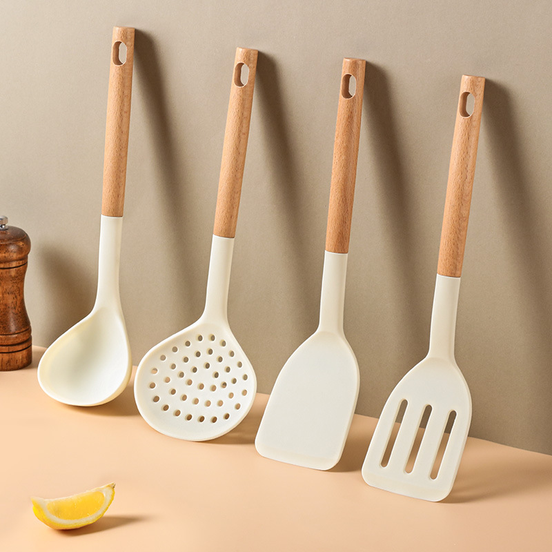 Silicone kitchen utensil set non-stick kitchen spatula high temperature resistant cooking spoon colander beech wood handle household shovel