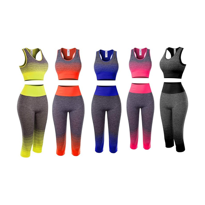 [Summer sports] women's super elastic seamless gradient color sports bra cropped pants fitness clothes yoga clothes suit