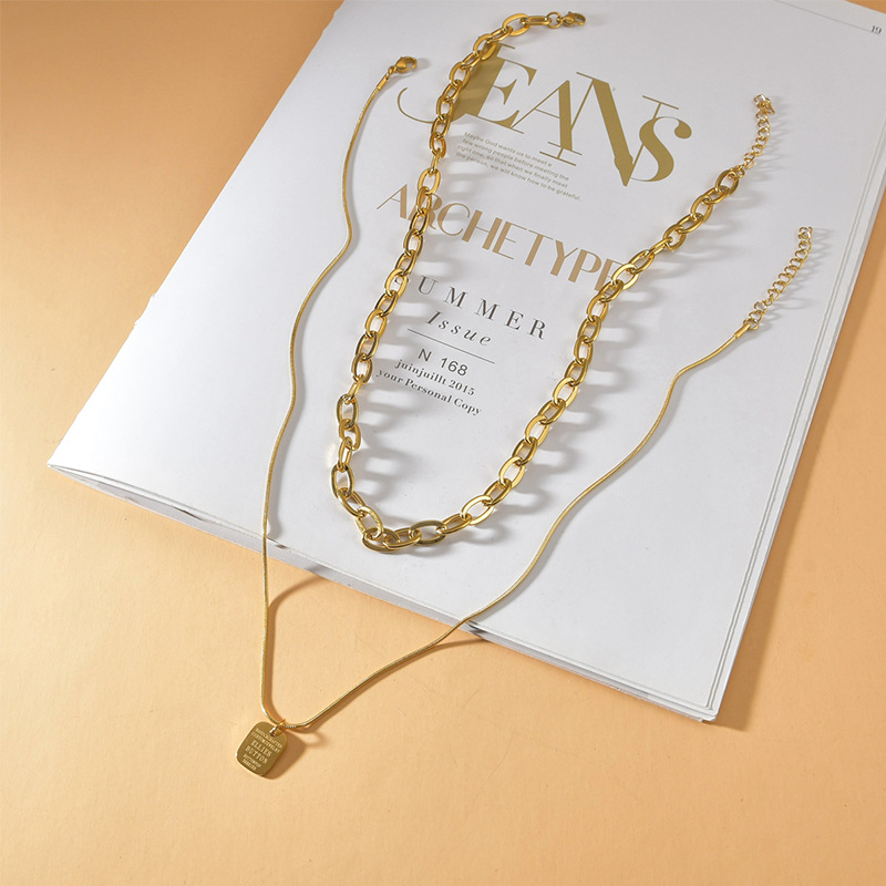 201 Stainless Steel Pendant Material Stone-Free Inlay Material Vacuum Plating 18K Gold Square 201 Stainless Steel Streetwear 201 Stainless Steel Layered Necklaces
