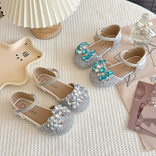 Girls Princess Shoes 2025 Summer New Fashion Soft Sole Crystal Diamond Bow Sandals Baby Fashionable Small Leather Shoes