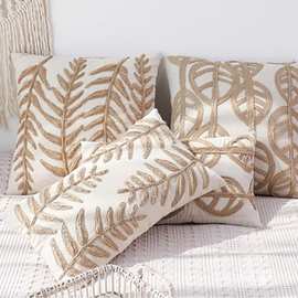 靠垫侘寂风格客厅沙发卧室装饰方形靠枕腰枕绳绣立体植物树叶纯色