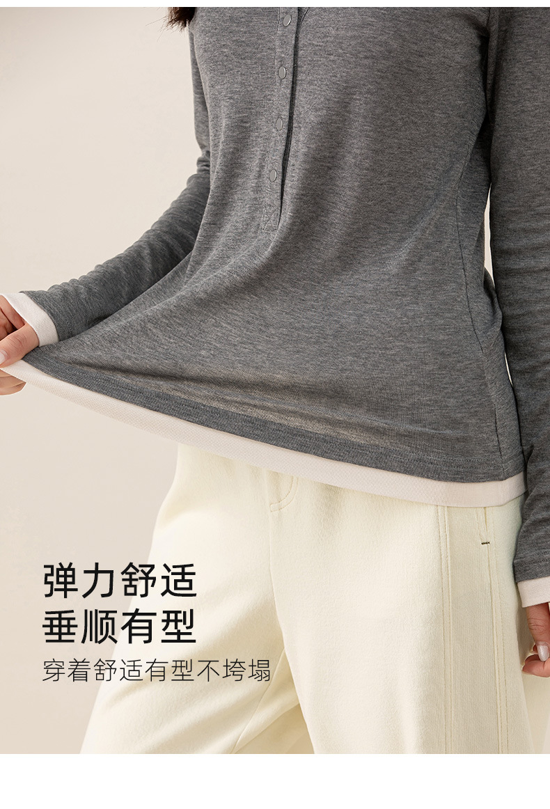 Áo thun giả hai mảnh nữ cổ tròn, chất len Tencel mỏng nhẹ, phối màu patchwork — đen chi tiết 19