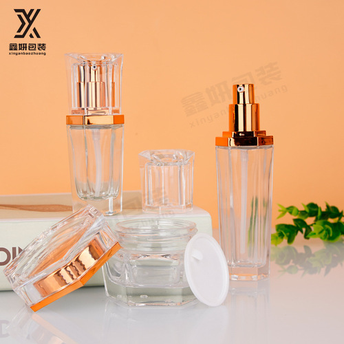 New six-sided glass empty bottle for cosmetic set, suitable for toner, essence, emulsion, cream, and ointment bottles