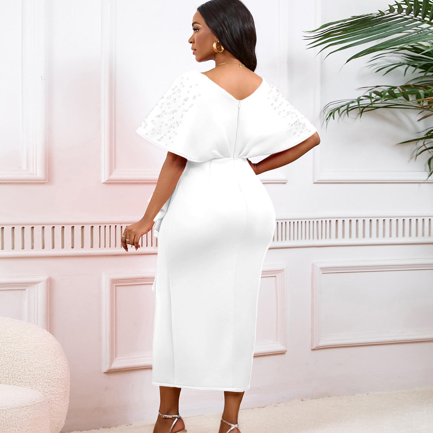Robe de soirée sexy à col en V et à volants avec fente perlée, robe de banquet de tempérament de célébrité_voghion.com