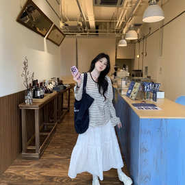 原版色织雪花条纹 小众复古慵懒撞色设计条纹圆领T恤女长袖打底衫