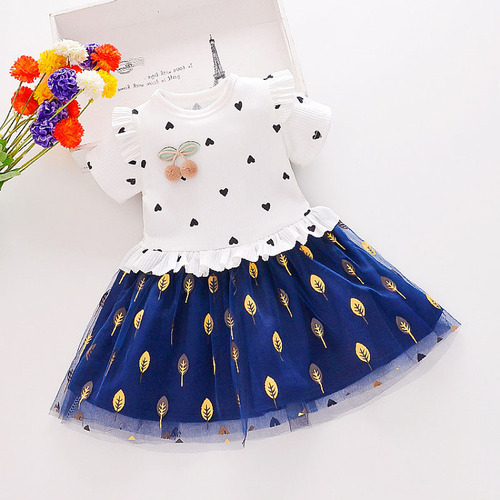 Children's dress spring and autumn fashion new children's clothing girls' spliced flower net skirt baby love princess skirt 