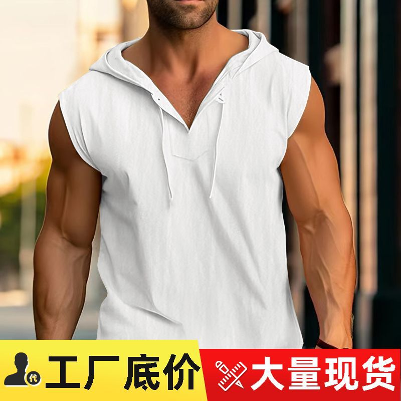 2025 New Men's Sleeveless Hooded Vest Aliexpress Amazon Ebay Fitness Sports Drawstring Solid Color Top