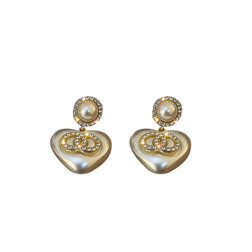 925 silver needle set with diamonds and pearls double circle love earrings French retro trendy earrings autumn and winter exquisite earrings for women