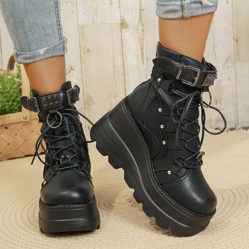 New wedge-style European and American plus-size dark-colored versatile chic punk-style chunky-sole personalized fashion boots