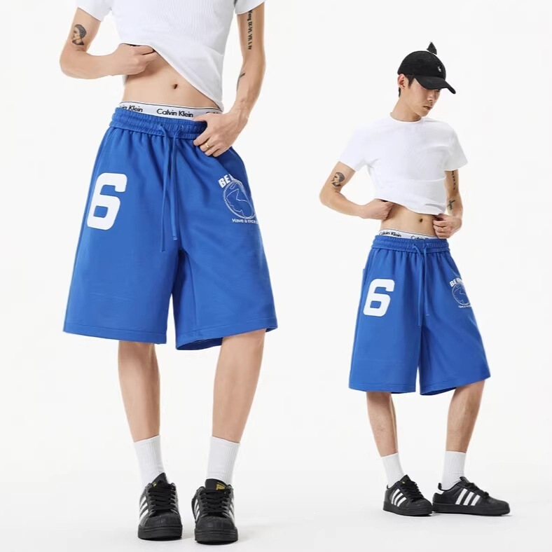 American high street blue letter print shorts for men and women, new summer style, loose straight basketball shorts, plus size sports pants American high street blue letter print shorts for men and women, new summer style, loose straight basketball shorts, plus size sports pants