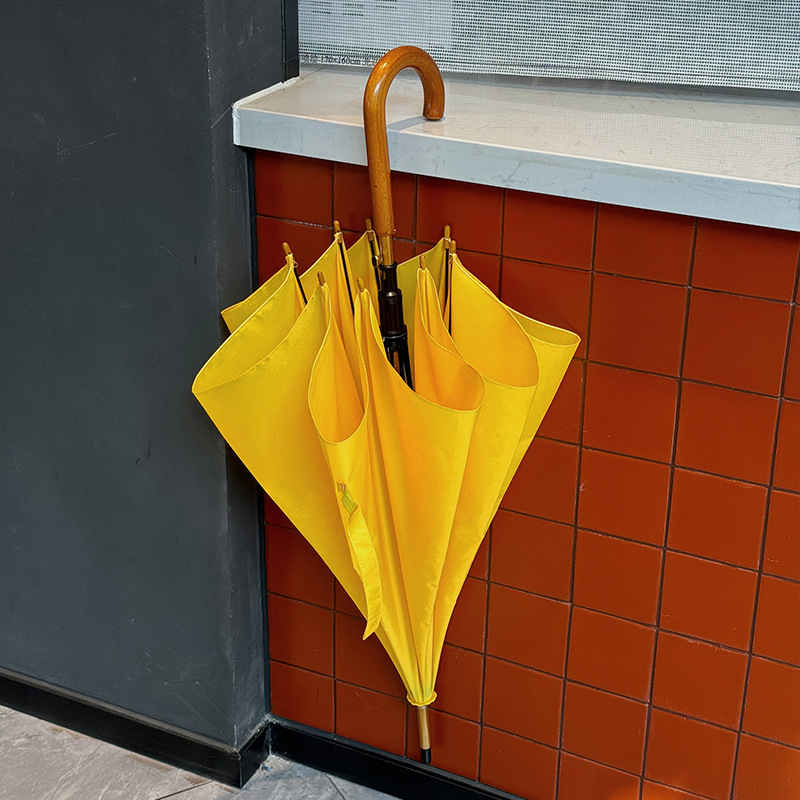 Ins Solid Color Double-Person Long-Handle Umbrella Solid Wood Handle Sunny and Rainy Dual-Use Straight Rod Umbrella Reinforced Windproof Household Umbrella for Couple