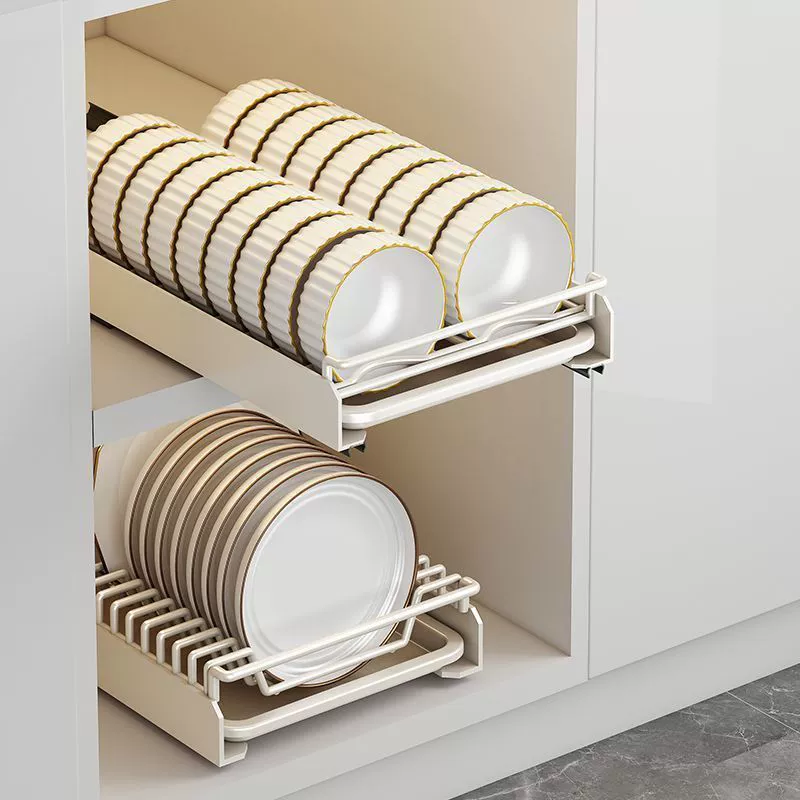Kitchen Dish Storage Rack with Built-In Cabinet and Pull-Out Drawer - Upgraded Smooth Guide Rails