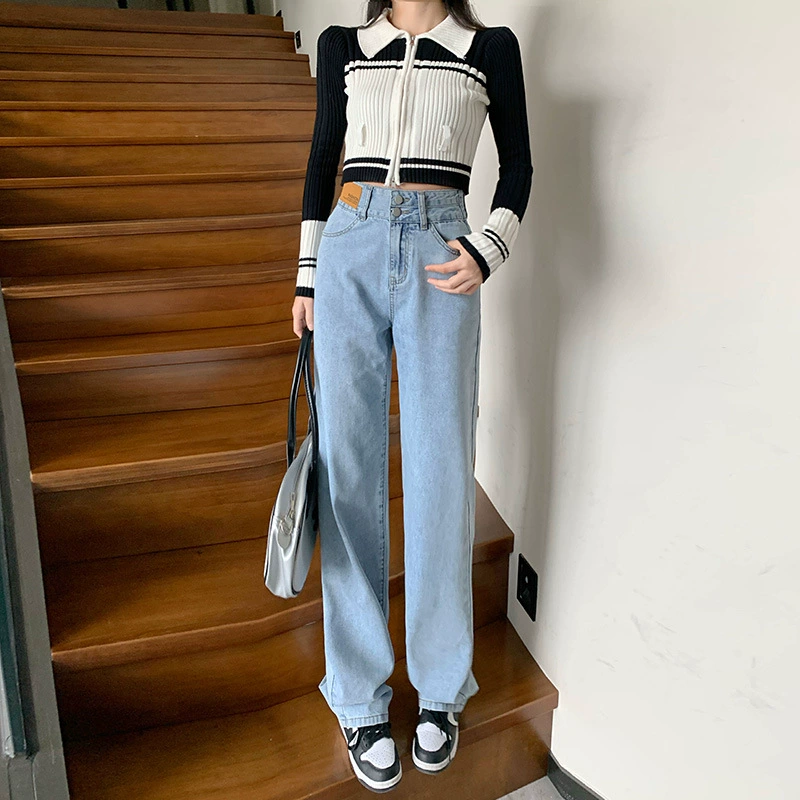 Широкие джинсы женские весенние 2023 новые женские маленькие маленькие прямые свободные штаны с высокой шваброй весной и осенью