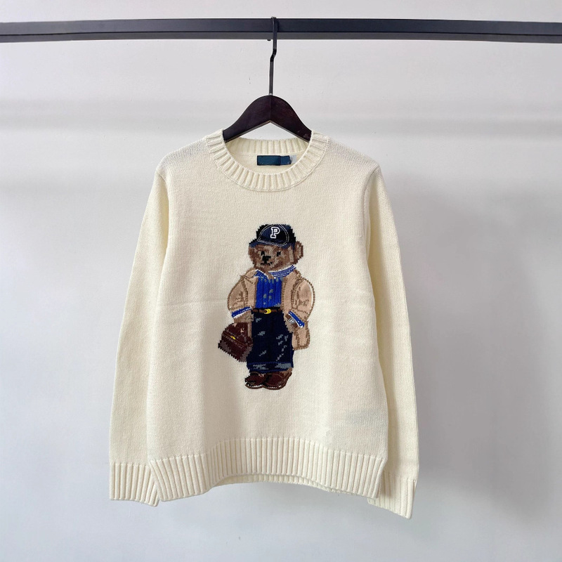 R Brand Handmade Crochet Embroidery P Letter Bear 90% Wool 10% Cashmere Sweater Women's Round Neck Long Sleeve Sweet Style Knitwear