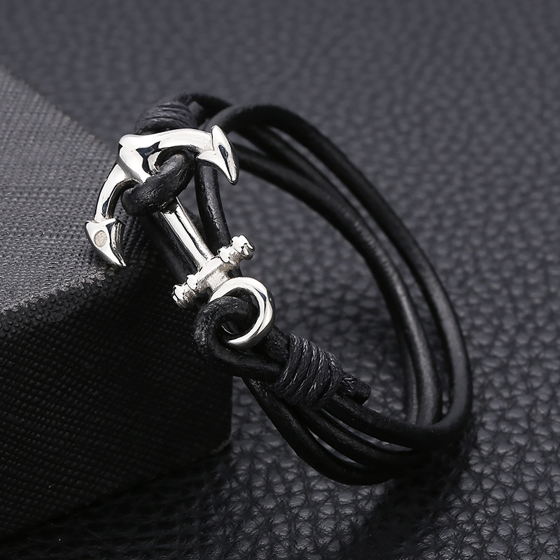 304 Stainless Steel Chain Material Punk Simple Style Anchor Stainless Steel Cowhide Plating Men's Bracelets Men Cord & Leather Bracelets