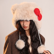 毛绒帽秋冬新款卡通护耳雷锋帽红色蝴蝶结帽子女可爱动物时尚保暖