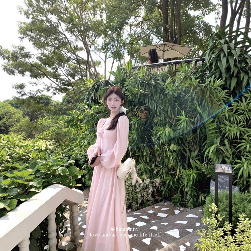 法式温柔早秋穿搭气质连衣裙女2025新款显瘦蝴蝶结长袖A字连衣裙|undefined