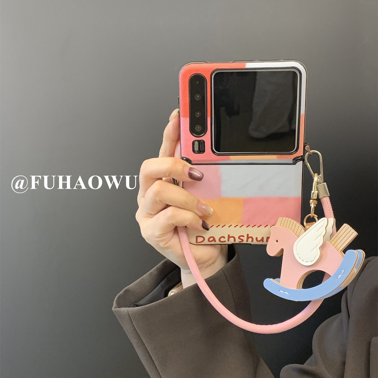 Suitable for Huawei Purax Phone Case Pocket 2 Aesthetic Pink Blue Yellow Leather Pattern Folding Screen Oppo Find N3 Flip Angel Wings Pink Rocking Horse Handle Strap Z Flip 5 Women's Model