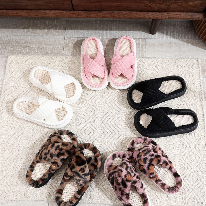 Women Fleece Open-Toe Slip-On Spring Summer Indoor Bedroom Soft Machine Washable Breathable Slippers_voghion.com