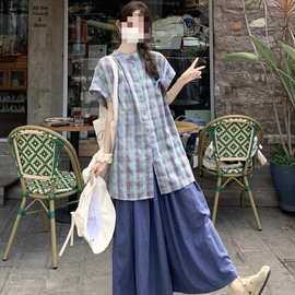 胖mm复古格子撞色短袖衬衫女大码300斤夏季慵懒风宽松中长款衬衣
