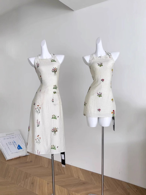 「Xinxing」フレンチフラワー刺繍ホルタードレスレディースサマーウエストバックレスショルダーノースリーブスカートデザイン|undefined