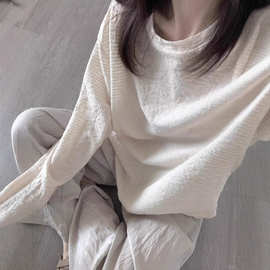 跨境立体肌理感白色长袖t恤女秋季松弛感慵懒风宽松别致上衣爆款