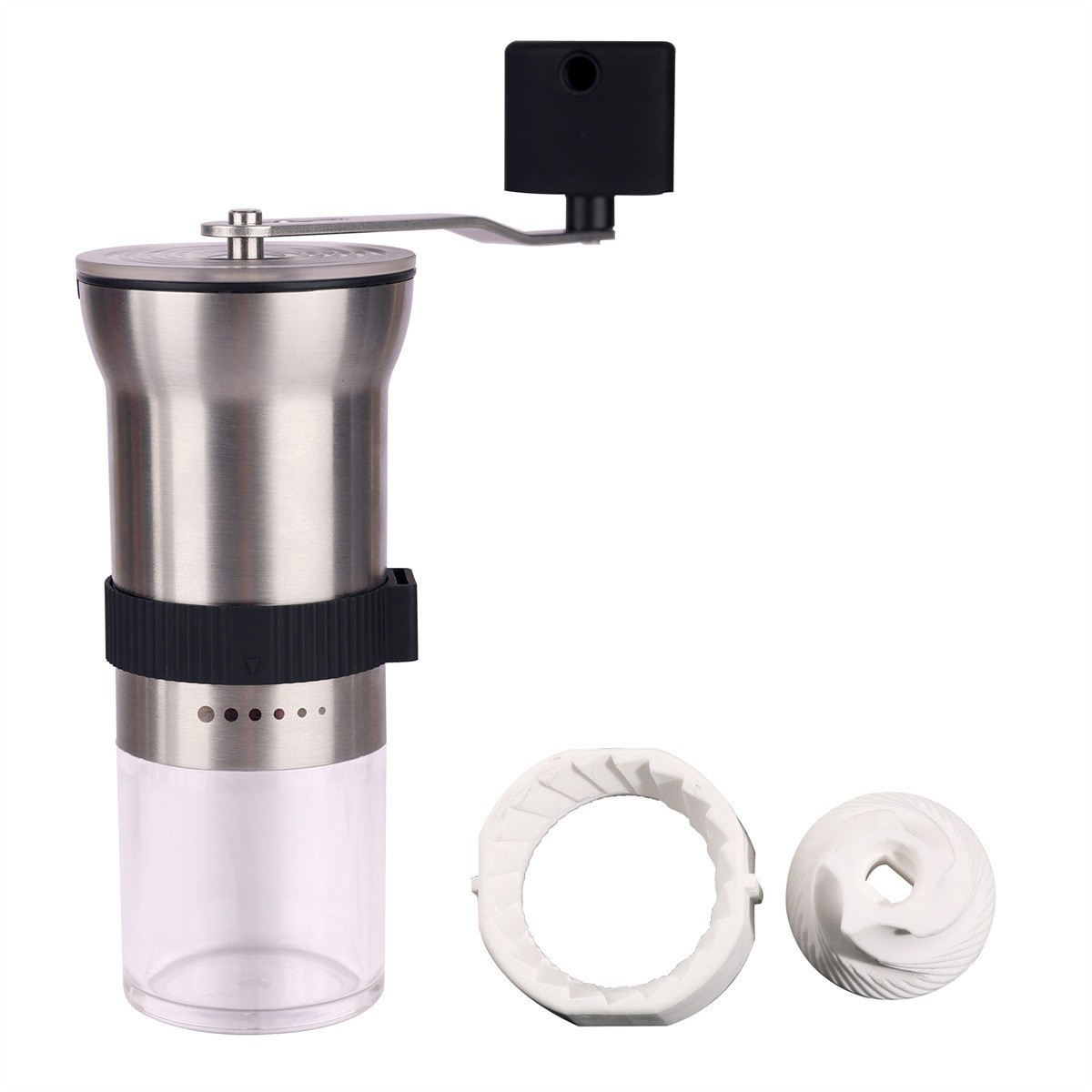 Molinillo de café manual SW-118B de acero inoxidable con ajuste externo, 6 velocidades y muelas de cerámica.
