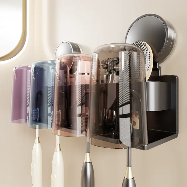 Suction Cup Toothbrush Storage Rack Hole-free Mouthwash Cup Brush Cup Wall-mounted Family Bathroom Toothpaste Storage Rack