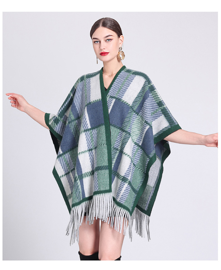 Schalumhang Damen karierte Strickjacke mit Fransen karierter Umhang Schal Wollmantel_voghion.com