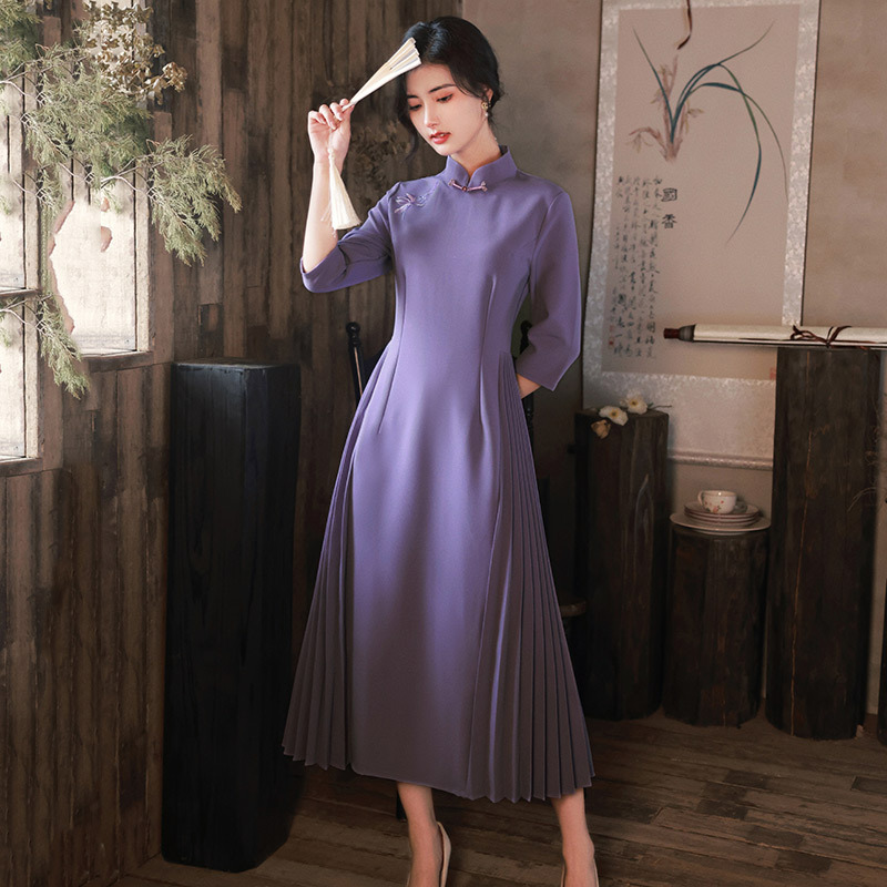 刺繡紫色顯瘦國風新中式奧戴改良旗袍年輕款女復古長袖連衣裙春秋
