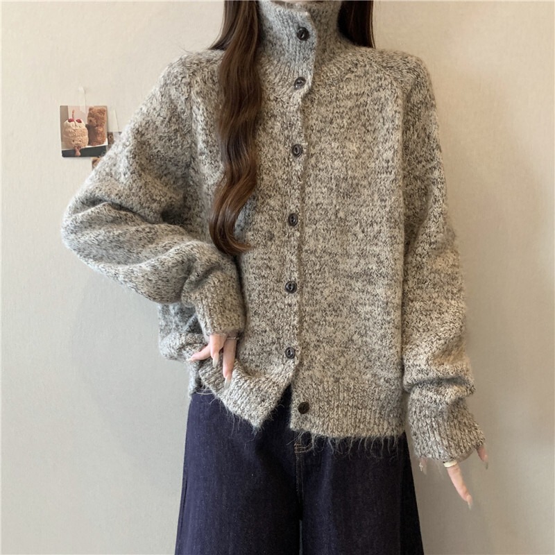 Honghe Sweater Factory Mixed Yarn Stand Collar Knitted Cardigan for Women, Vintage Loose Fit, Slimming Long Sleeve, Everyday Outerwear Supply Honghe Sweater Factory Mixed Yarn Stand Collar Knitted Cardigan for Women, Vintage Loose Fit, Slimming Long Sleeve, Everyday Outerwear Supply