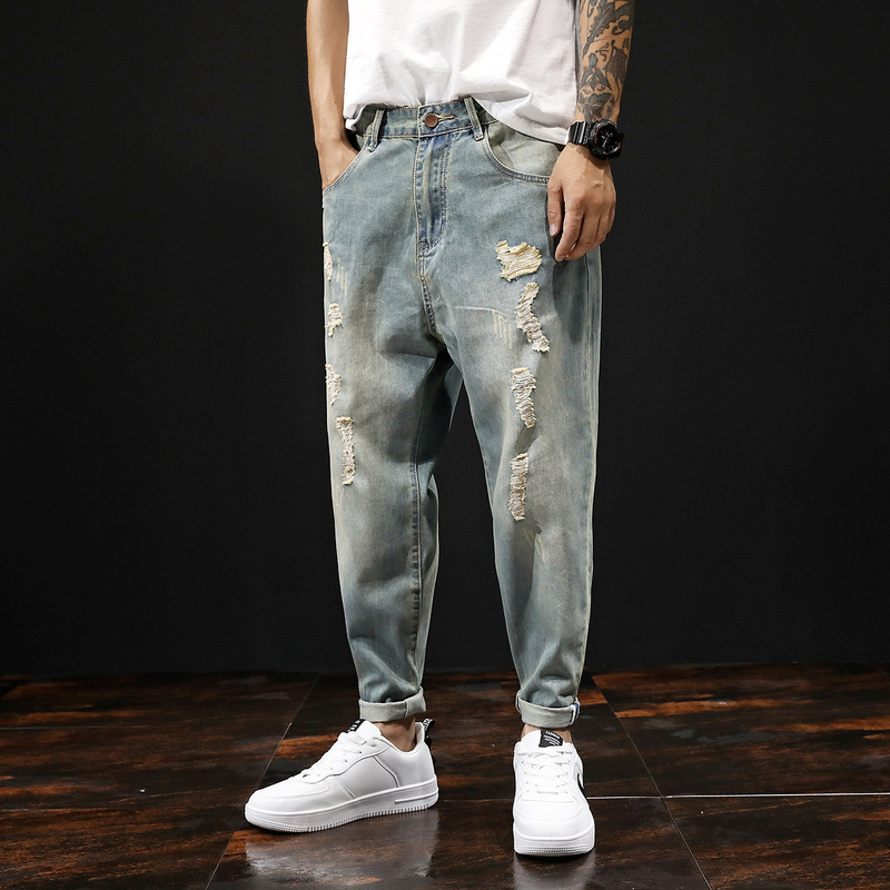 Summer Thin Trendy Brand Ripped Jeans Men's Loose Cropped Pants Hip-Hop Beggar Harem Pants Chubby Slim Trendy Pants