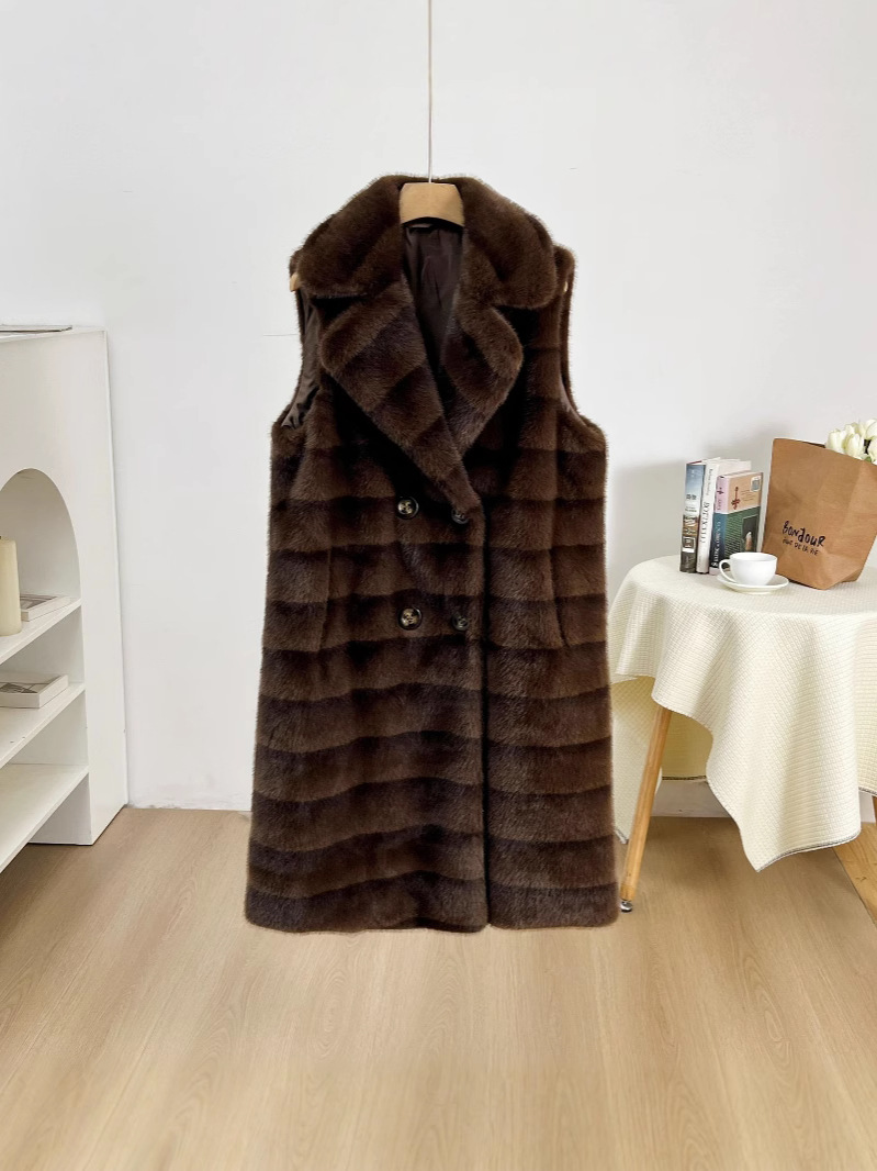 Chaleco de cuello de traje de piel de imitación de otoño e invierno Chaleco superior a rayas de longitud media Chaleco de moda versátil y de moda delgada image 2
