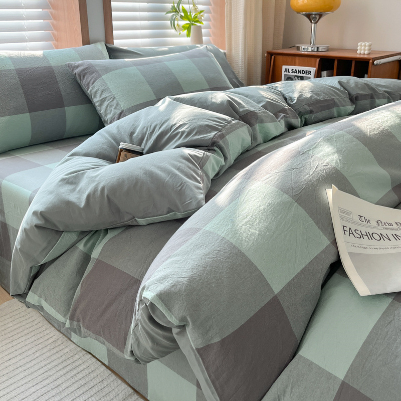 Juego de cuatro piezas de algodón lavado teñido en hilo para estudiantes 2025 nuevo juego de sábanas de edredón de dormitorio de estudiantes de tres piezas